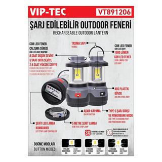 Vip-Tec VT891206 1500 Lümen Şarj Edilebilir Outdoor Feneri (Kumandalı ve Şerit LED Lambalı)