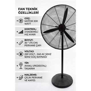 Akiwa FL-750-F-2 Ayaklı Sanayi Tipi Vantilatör 200 Watt 30
