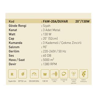 Taflan FAW-20A 130W 3 Kademeli Metal Gövde Sanayi Tipi Duvar Vantilatörü 20