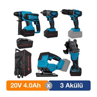 Catpower 4150 Kömürsüz 20V 4.0Ah Li-ion 3 Akülü 5li Set - Darbeli Vidalama  - Kırıcı Delici - Avuç Taşlama - Somun Sıkma ve Torklu Vidalama - Dekupaj