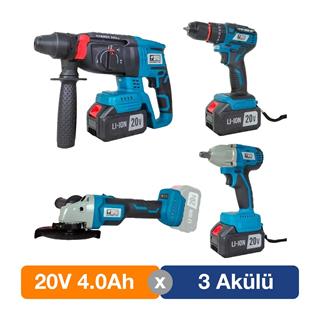 Catpower 1380 Kömürsüz 20V 4.0Ah 3 Akülü 4’lü Set - Kırıcı Delici - Avuç Taşlama - Vidalama - Somun Sıkma
