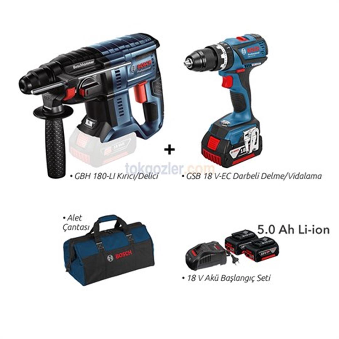 Bosch Pro-Mix GBH 180-LI Kırıcı Delici ve GSB 18 V-EC Darbeli Delme/Vidalama Makinesi 5.0Ah Li-ion Çift Akülü Ürün Seti