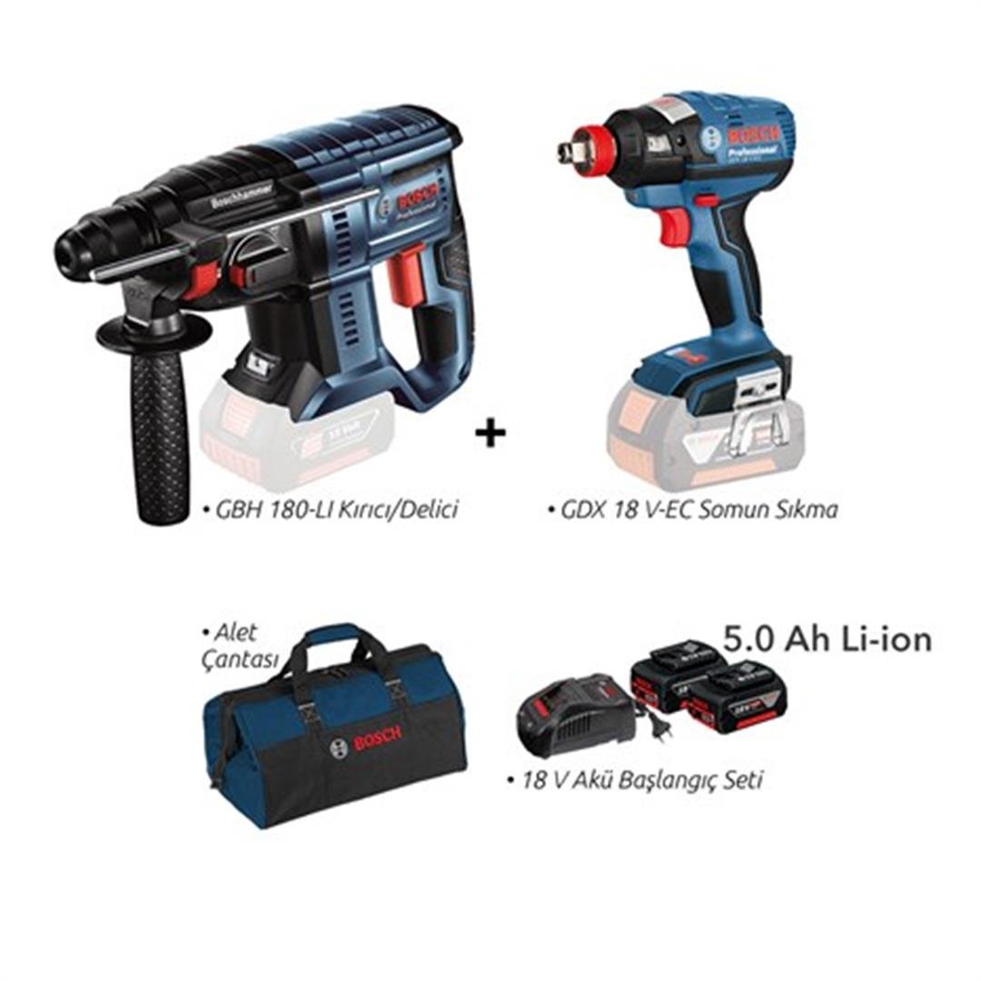 Bosch Pro-Mix GBH 180-LI Kırıcı Delici ve GDX 18 V-EC Somun Sökme 5 Ah Çift Akülü Ürün Seti