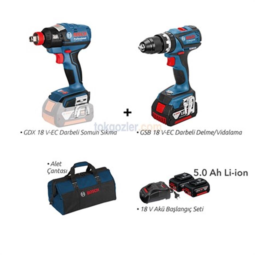 Bosch Pro-Mix GDX 18 V-EC Darbeli Somun Sıkma ve GSB 18 V-EC Darbeli Delme/Vidalama 5.0Ah Li-ion Çift Akülü Ürün Seti