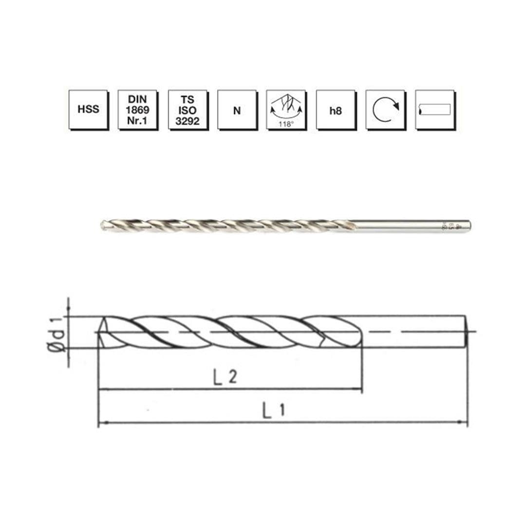 MTE Makina Takım 3.5 mm HSS DIN 1869 -1 Silindirik Saplı Çok Uzun Matkap Ucu N Tipi - B00007500350