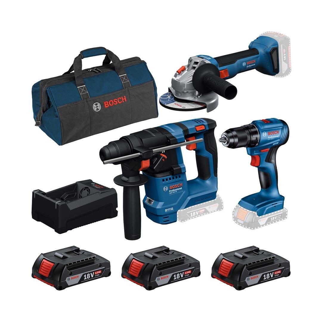 Bosch Professional GBH 18V-18 + GSR 185-LI + GWS 18V-8 + Kanvas Çanta + 3x18V 2.0Ah Akülü Set