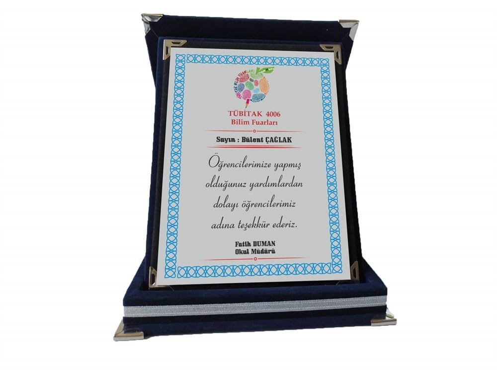 Tübitak-Bilim Fuarı Mavi Kadife Plaket 15x20 cm 