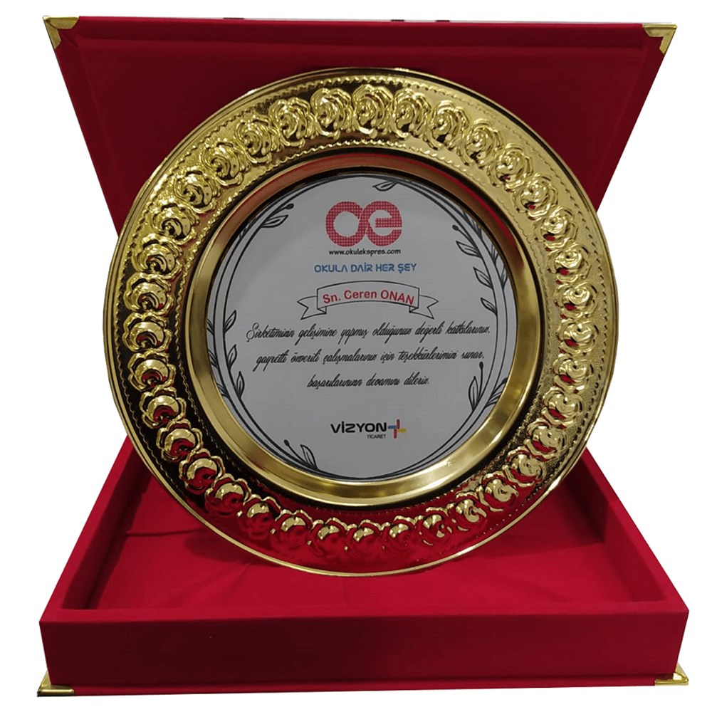 Tabak Plaket & Kırmızı Kadife Plaket Kutusu 25 Cm Altın-Gümüş
