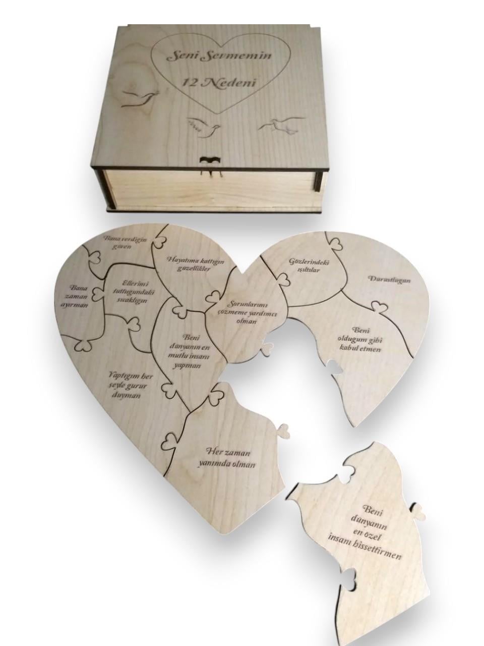 Okulekspres Seni Sevmemin 12 Nedeni – Ahşap Puzzle Kalp Seti Kutulu | Sevgililer Günü & Özel Gün Hediye Fikri Sevgililer Günü, yıl dönümü, doğum günü, evlilik teklifi