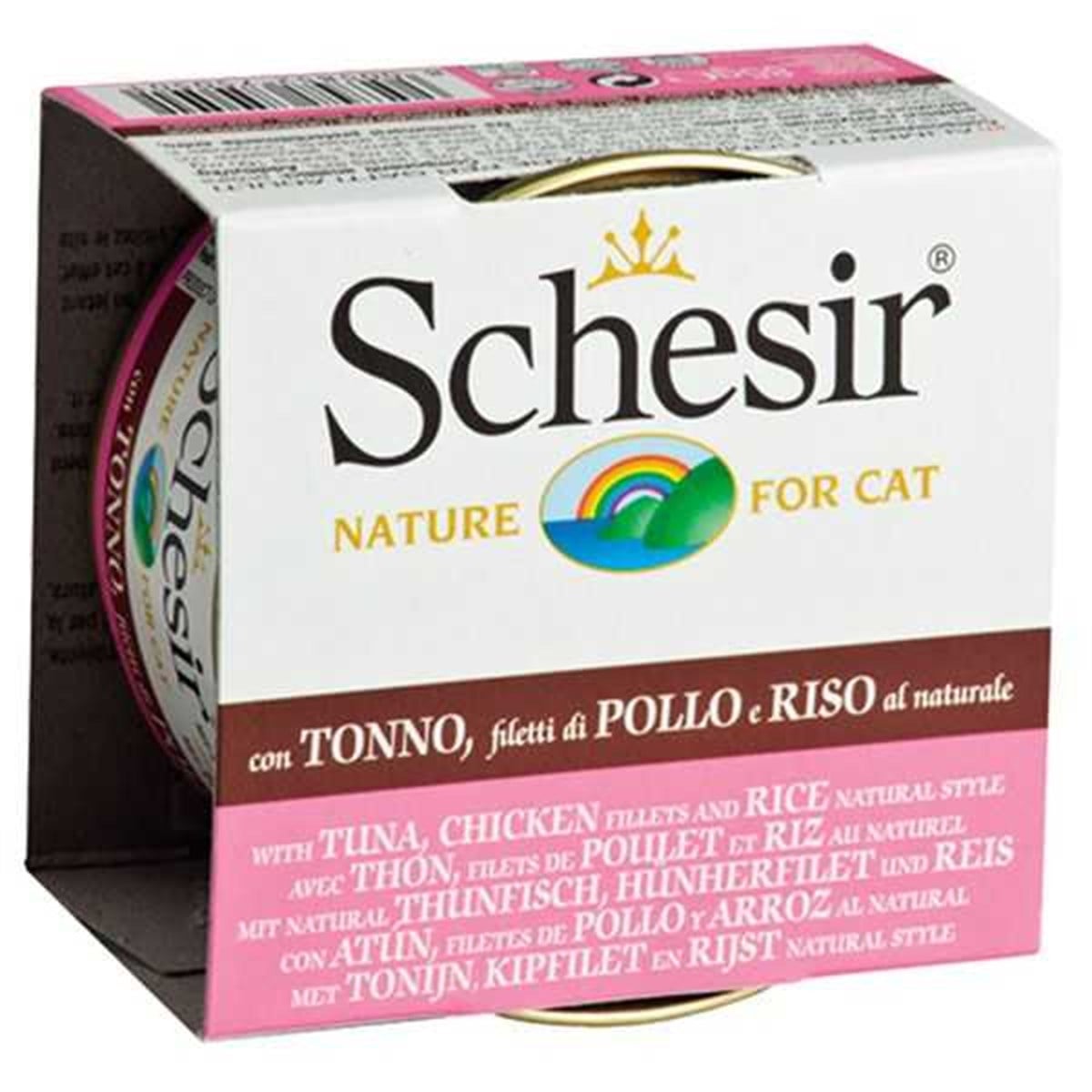 Schesir Suda Pişirilmiş Ton Balıklı-Tavuklu-Pirinçli 85 gr Konserve Kedi Maması