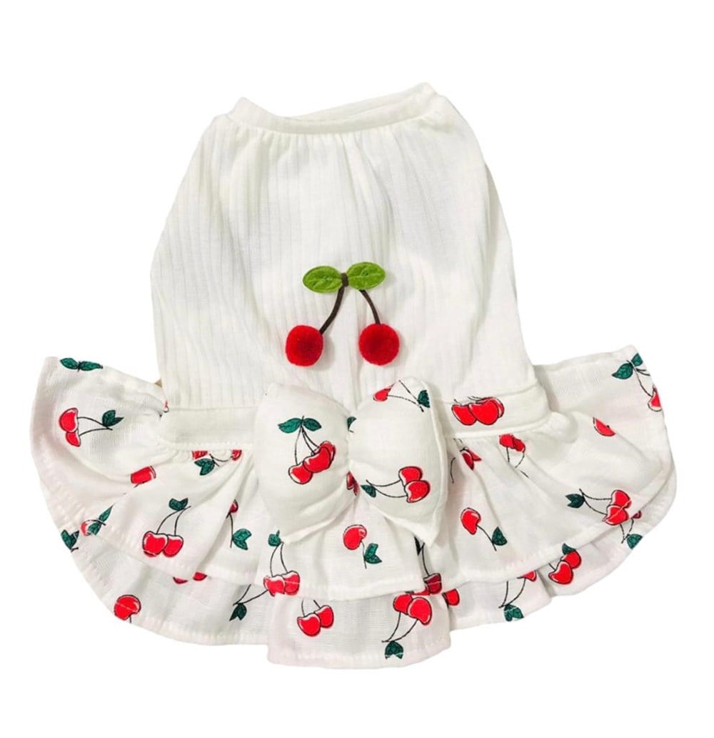 Gedyco Küçük Irk Köpek için Kirazlı Beyaz Elbise
