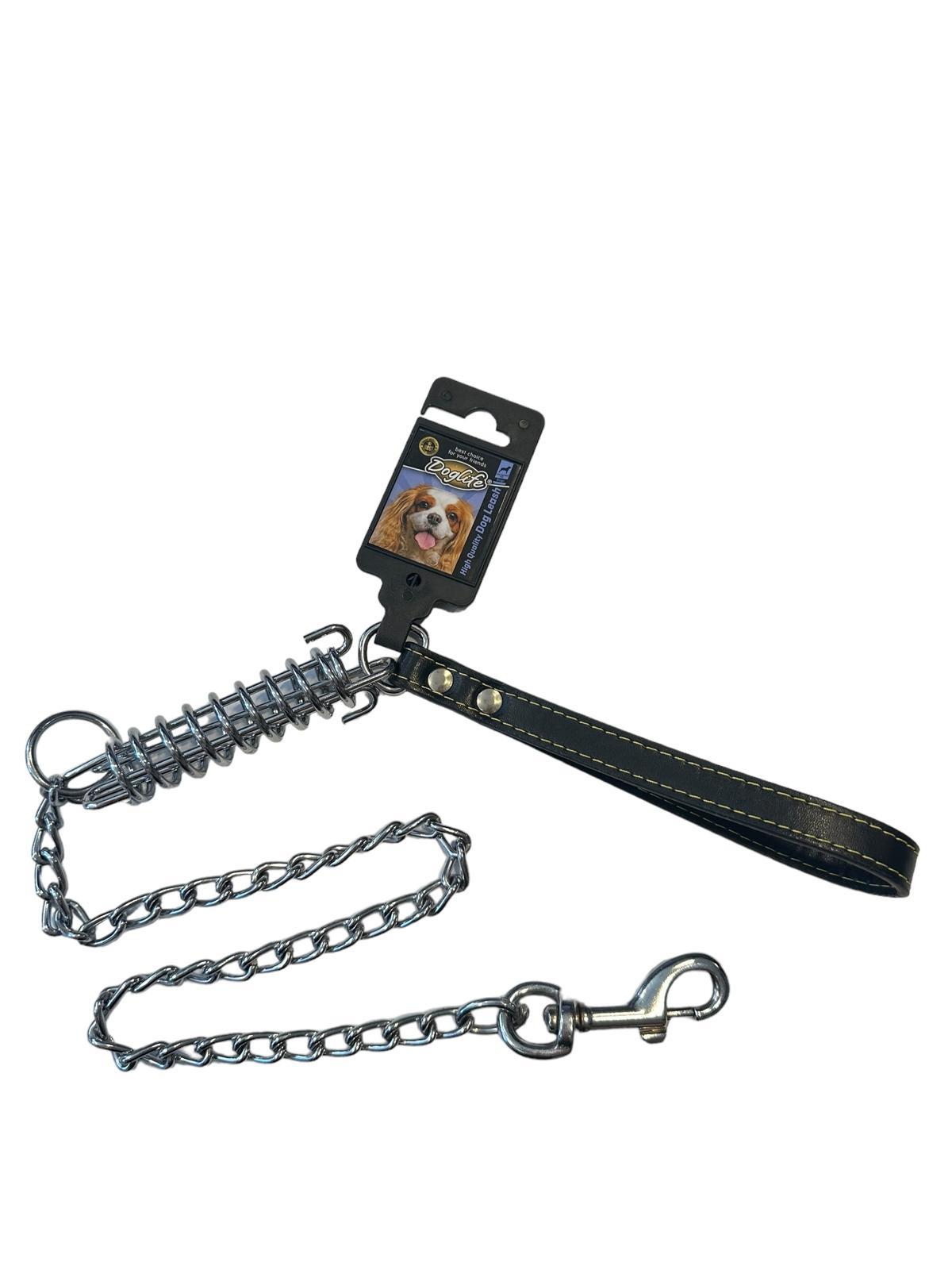 Siyah Deri Saplı Yaylı Kısa Zincir Gezdirme Tasması 3 mm x 60 cm