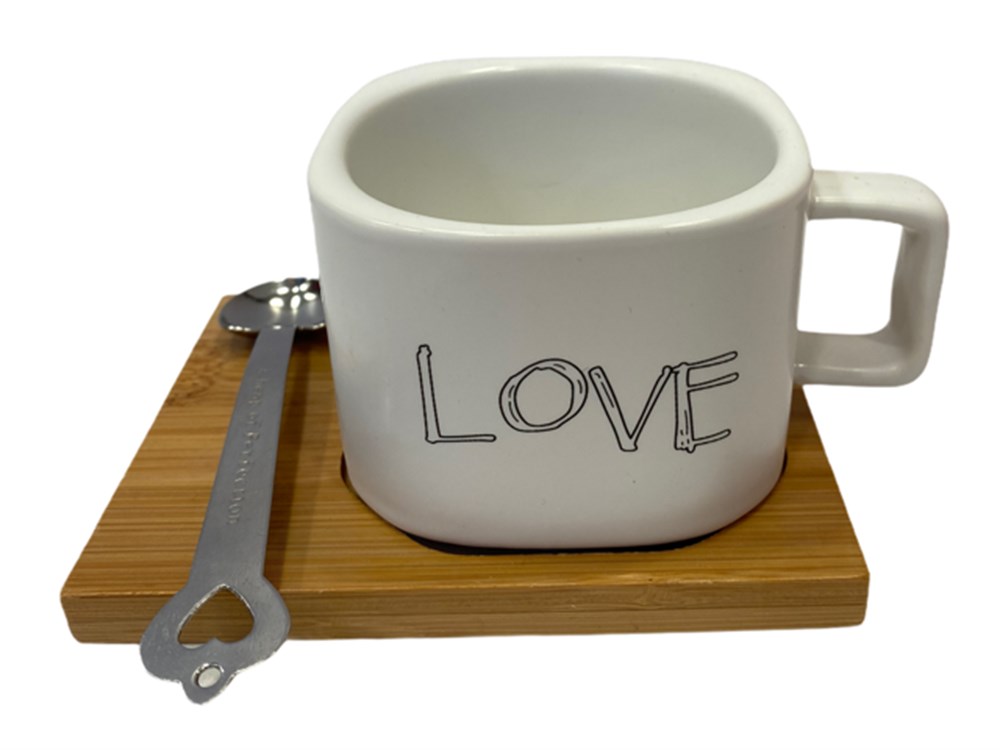 Love Kaşıklı ve Ahşap Standlı Fincan