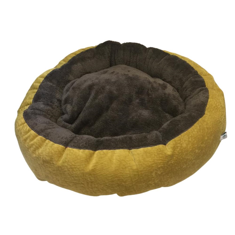 Premium Nubuk-Peluş Yuvarlak Küf Sarısı-Vizon Kedi ve Köpek Yatağı 55 cm