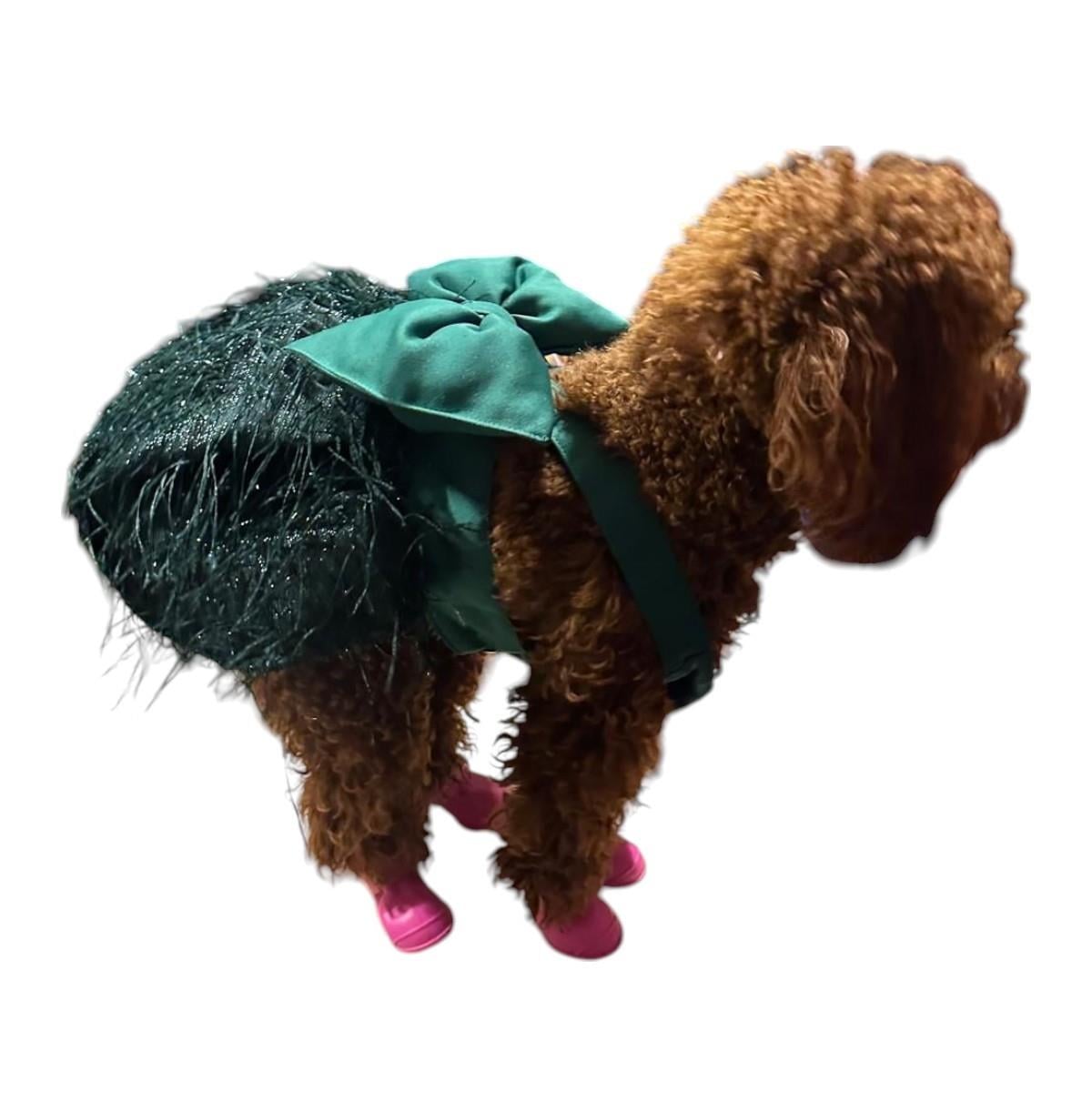 Dev Fiyonklu Şık Püsküllü Yeşil Küçük Irk Köpek Elbisesi