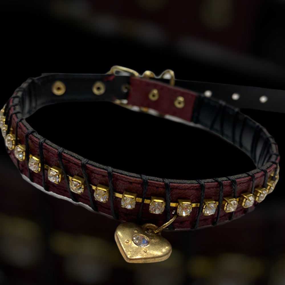 Taşlı, Kalp Künyeli, Bordo Rugan Köpek Boyun Tasması 