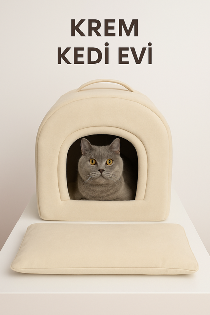 İçi Çıkarılabilir Yastıklı Kedi ve Küçük Köpek Evi Krem