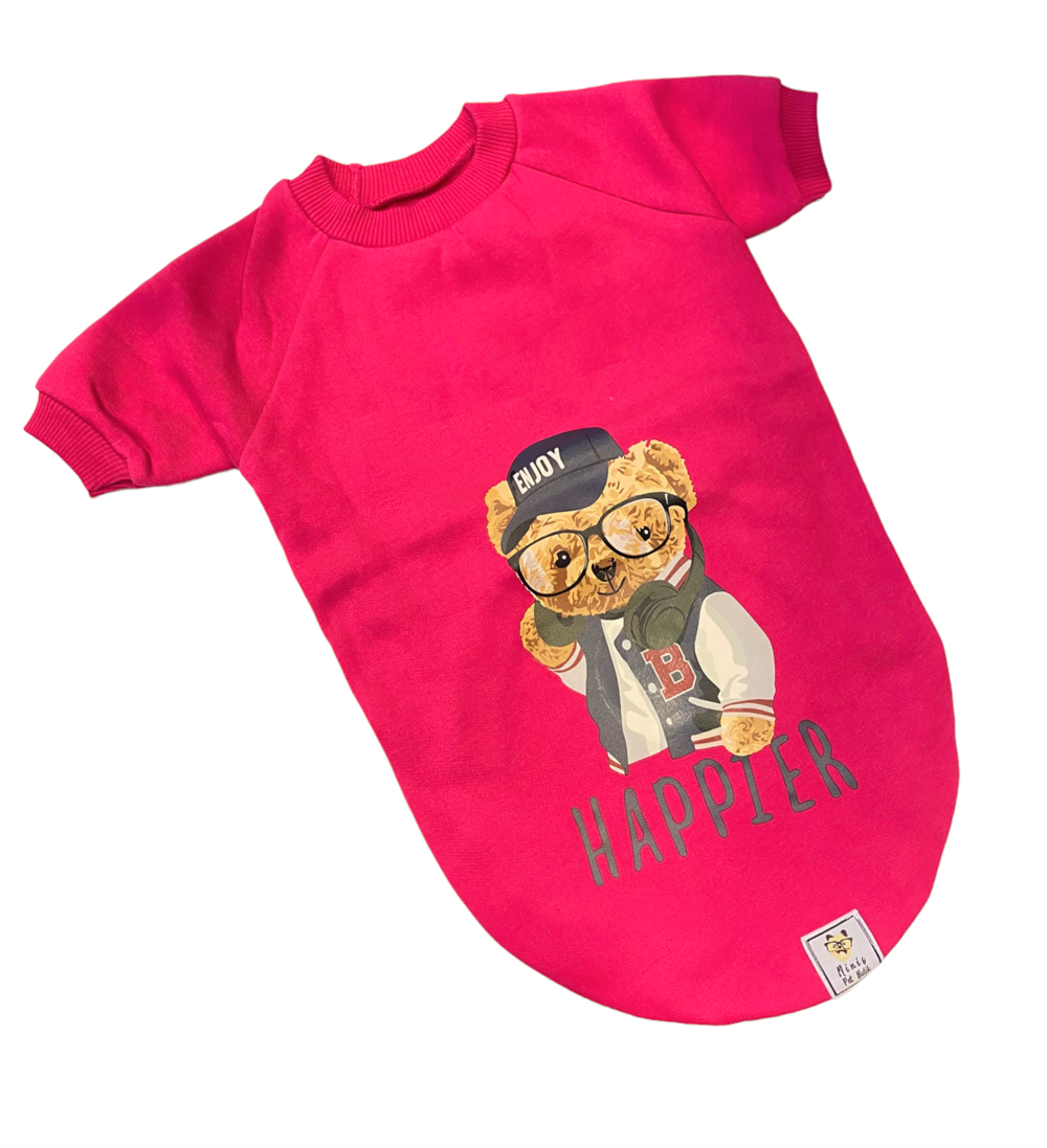 Pink Happier Teddy Küçük Köpek Sweatshirtü (9 kg-12 kg arasına uygun)
