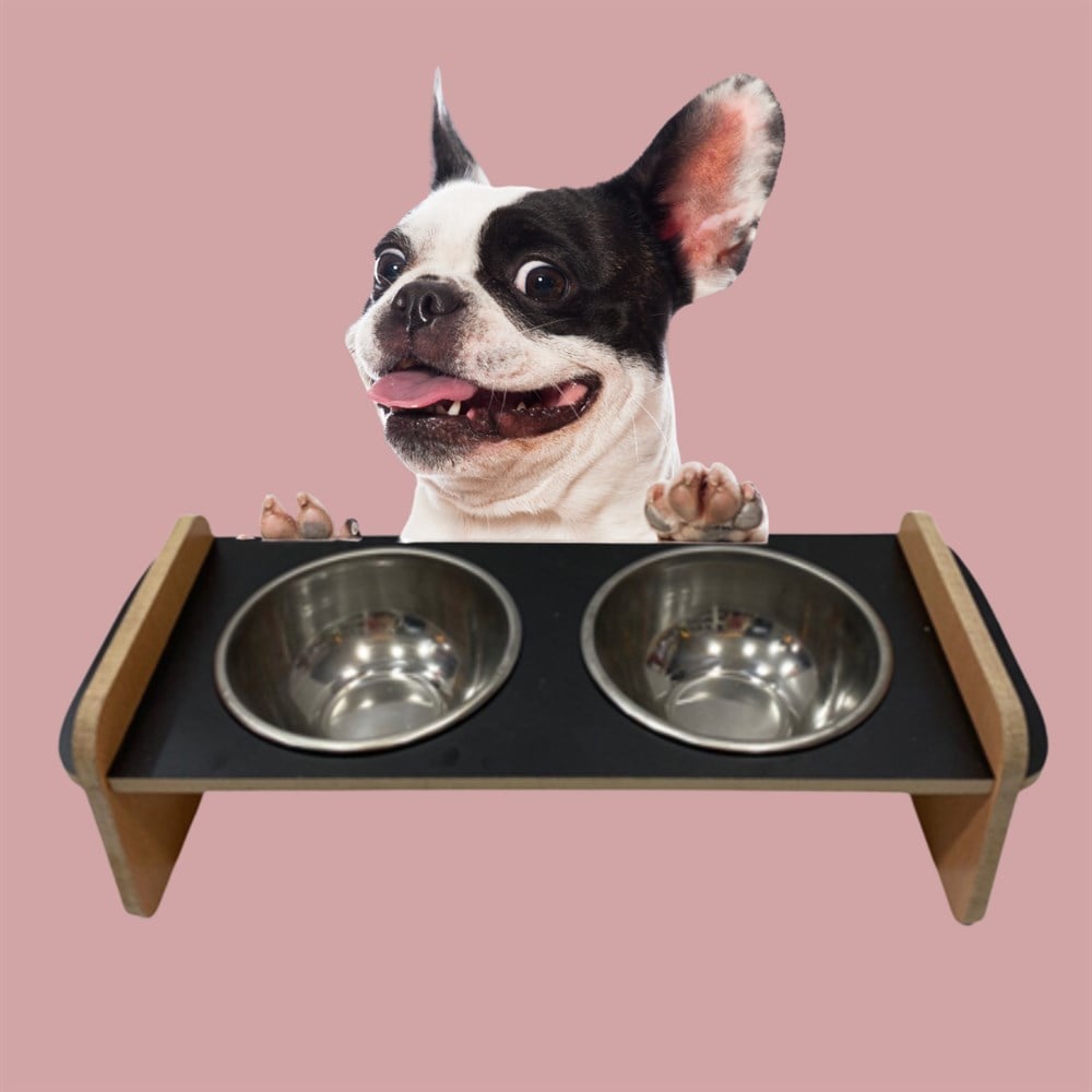 Ahşap Mama ve Su Kabı Seti Gri(büyük)