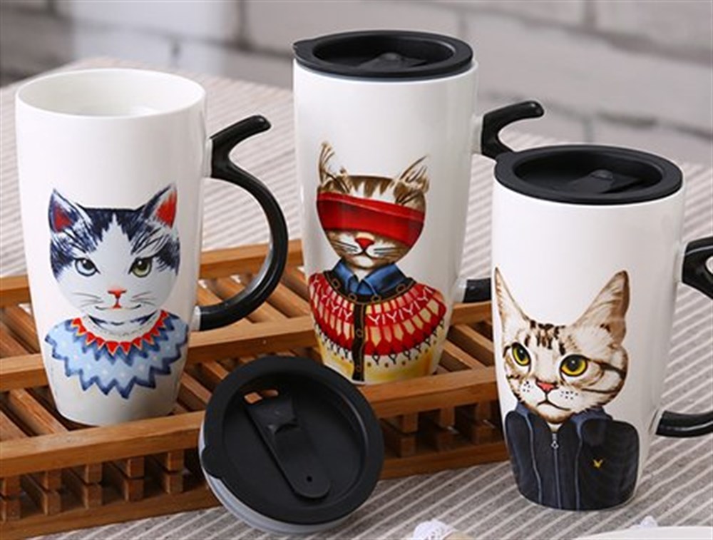Kapaklı Kedi Baskılı Dev Seramik Kupa Bardak
