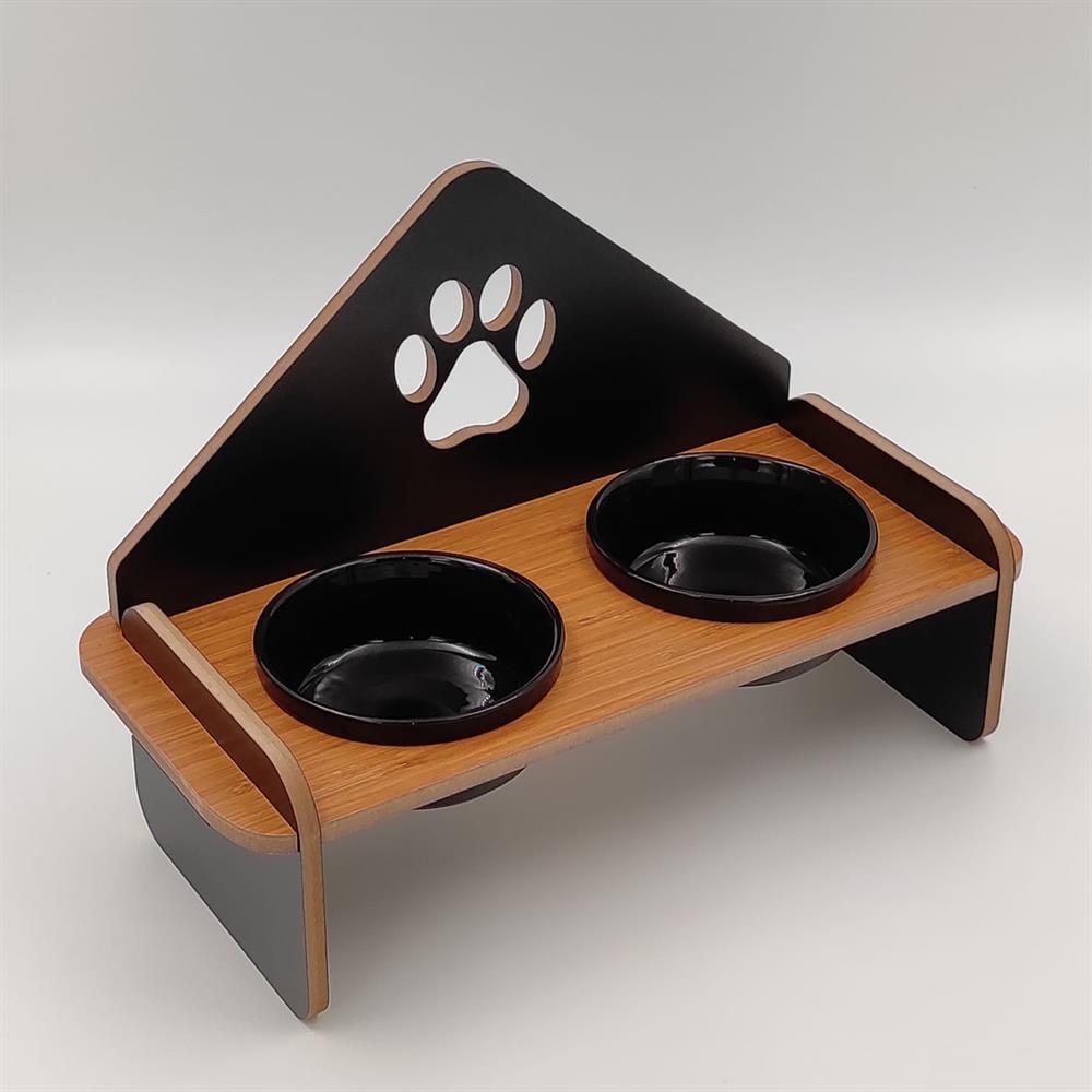 Patili Standlı Seramik Mama ve Su Kabı Seti Kahve, 37 cm x 17 cm