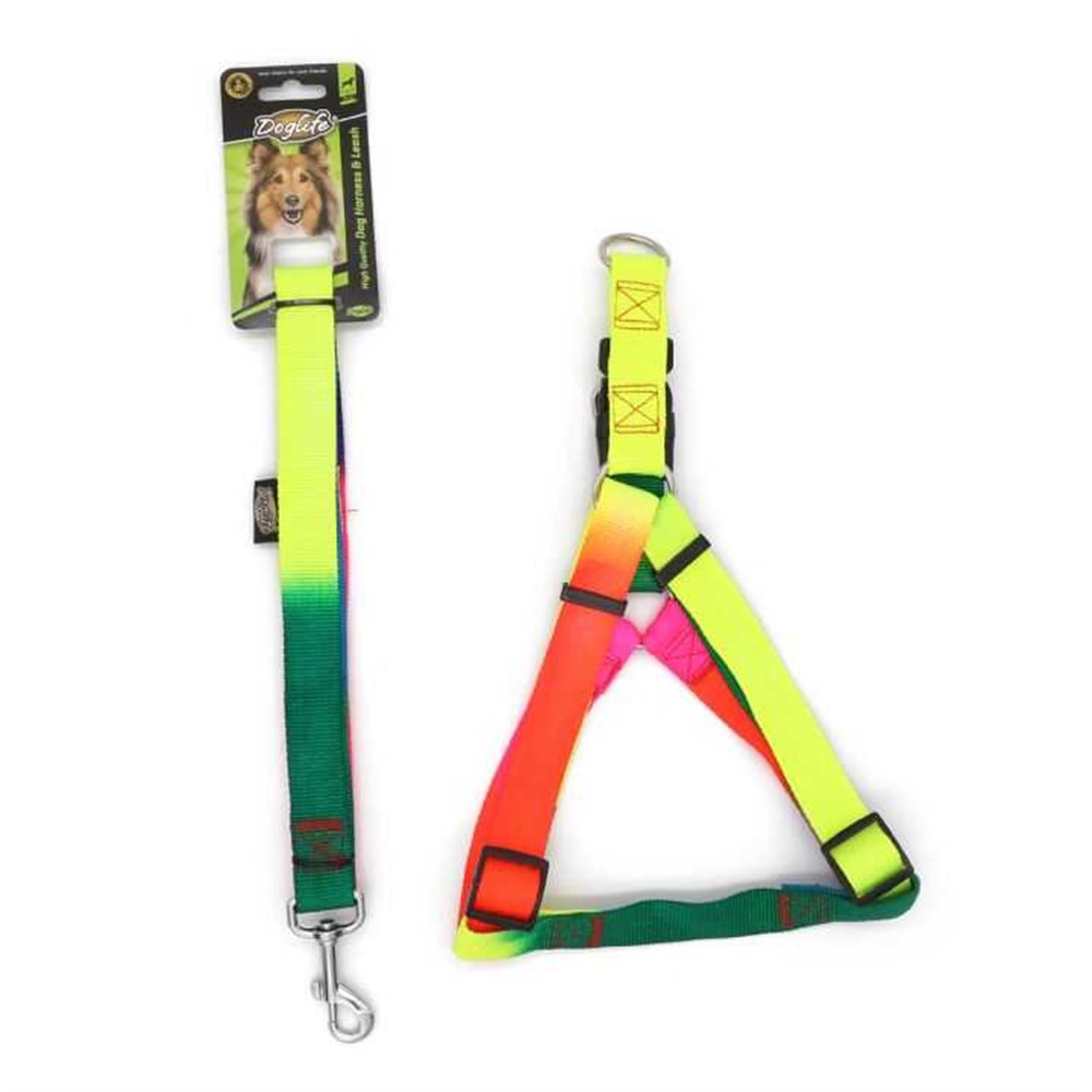 Orta Irk Köpek Gökkuşağı Göğüs ve Gezdirme Tasma Seti (2,5 cm x 50 - 70 cm göğüs)