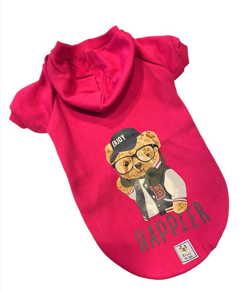 Pink Happier Teddy Kapüşonlu Küçük Köpek Sweatshirtü (9 kg-12 kg arasına uygun)