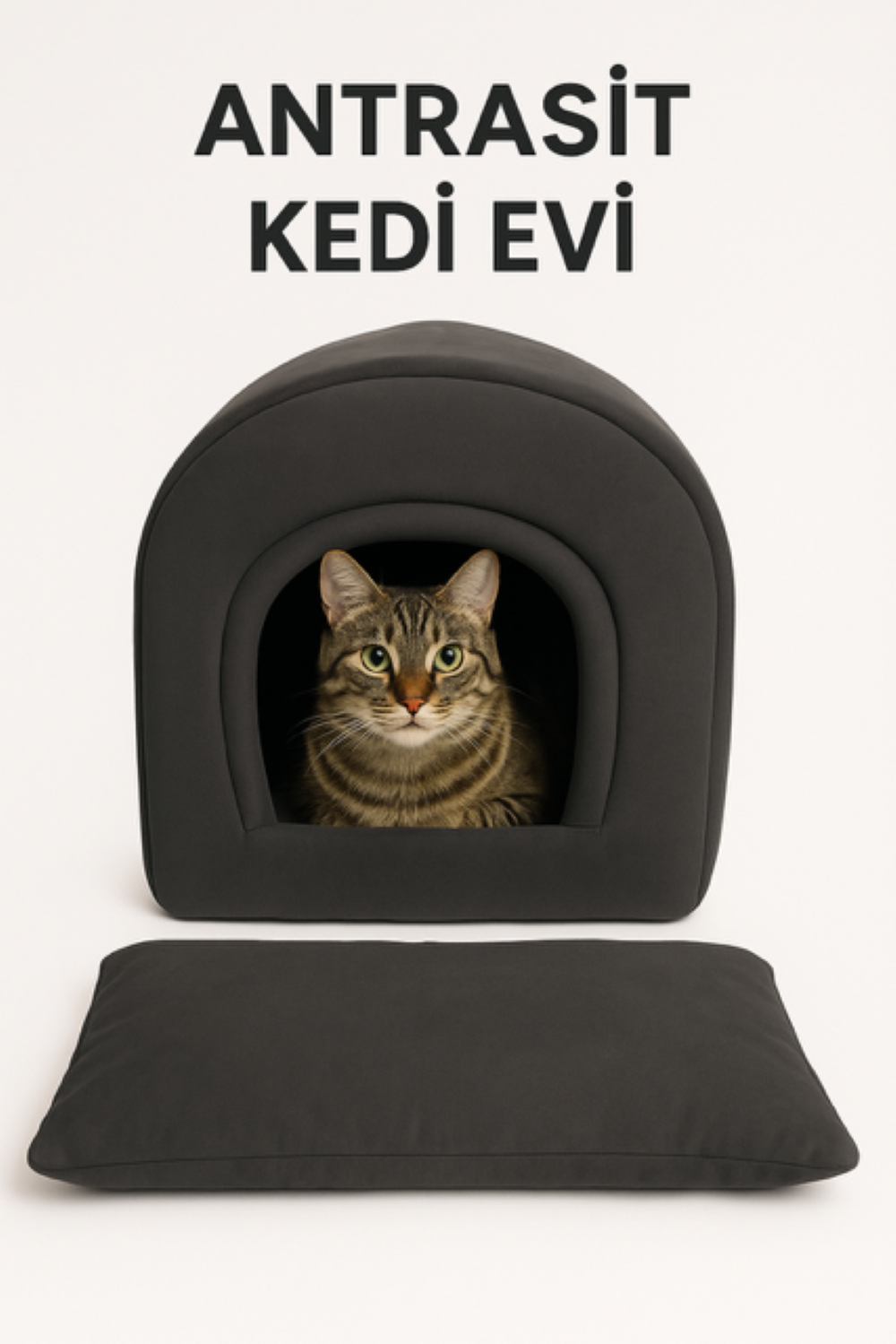 İçi Çıkarılabilir Yastıklı Kedi ve Küçük Köpek Evi Gri 