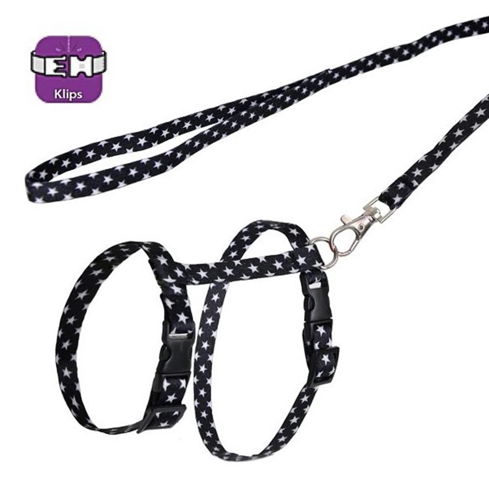 Siyah Beyaz Yıldızlı Ayarlanabilir Kedi Göğüs Tasma Seti 10 mm 110 cm