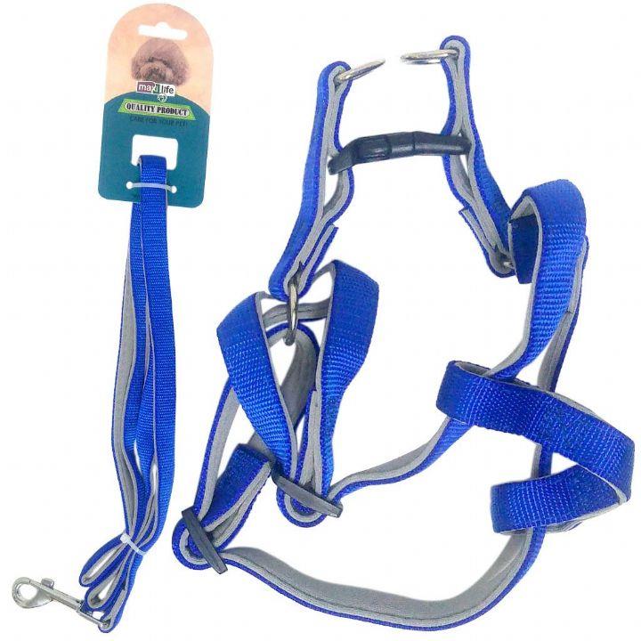 Maxilife Mavi Yumuşak Dokulu Köpek Göğüs ve Gezdirme Tasma Seti 1,5 cm (Göğüs: 30 cm - 50 cm)