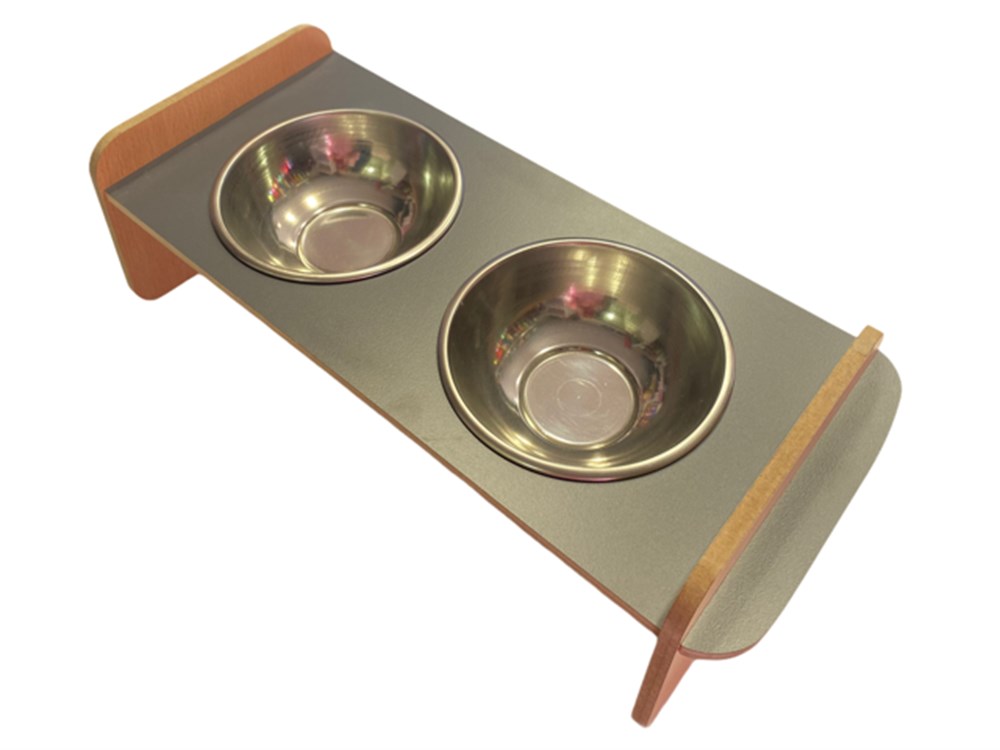 Gri Ahşap Mama ve Su Kabı Seti Büyük