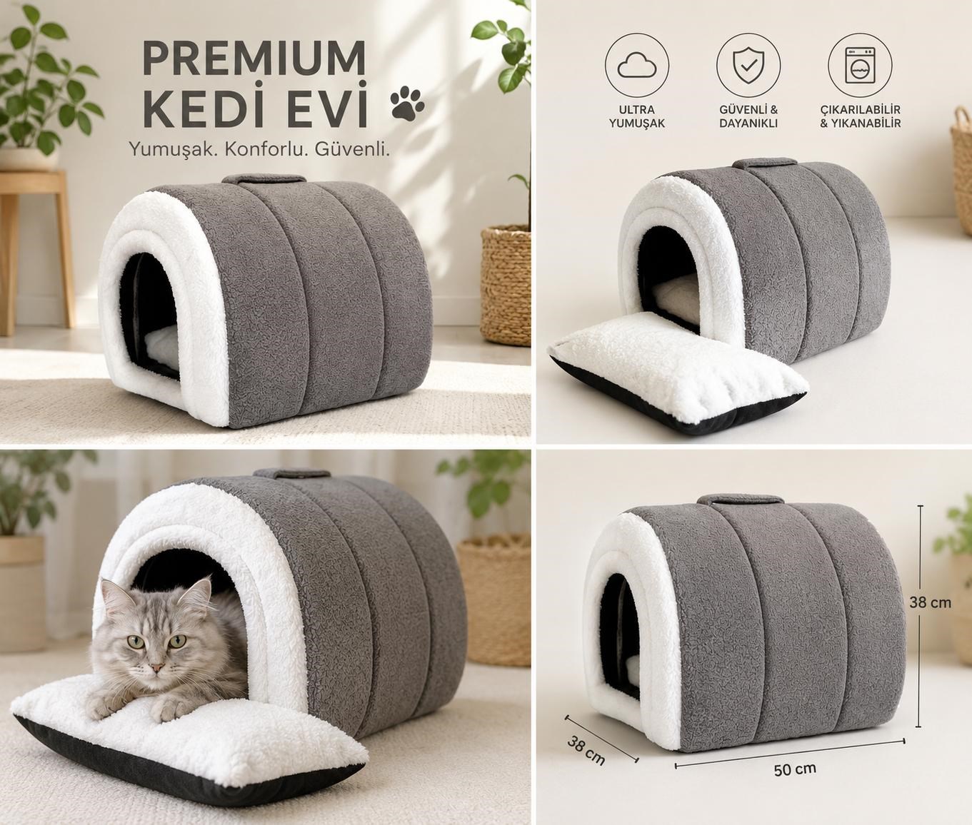 İçi Çıkarılabilir Yastıklı Kedi ve Küçük Köpek Yuvası Gri
