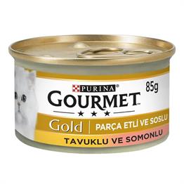 Gourmet Gold Parça Etli ve Soslu Somonlu Tavuklu Yetişkin Kedi Konservesi 85 gr