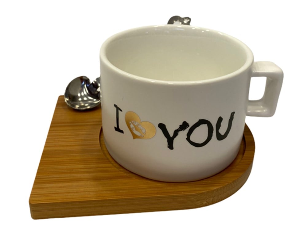 Bronz I Love You Kaşıklı ve Ahşap Standlı Fincan