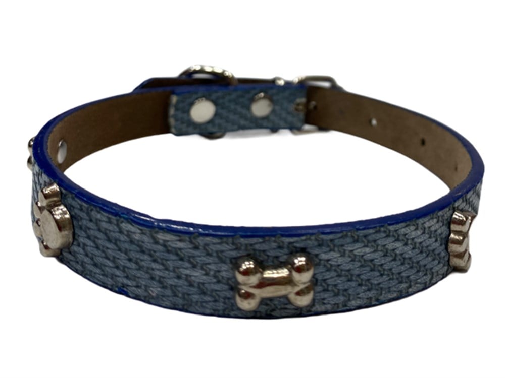 Pati ve Kemik Desenli Mavi Deri Köpek Boyun Tasması