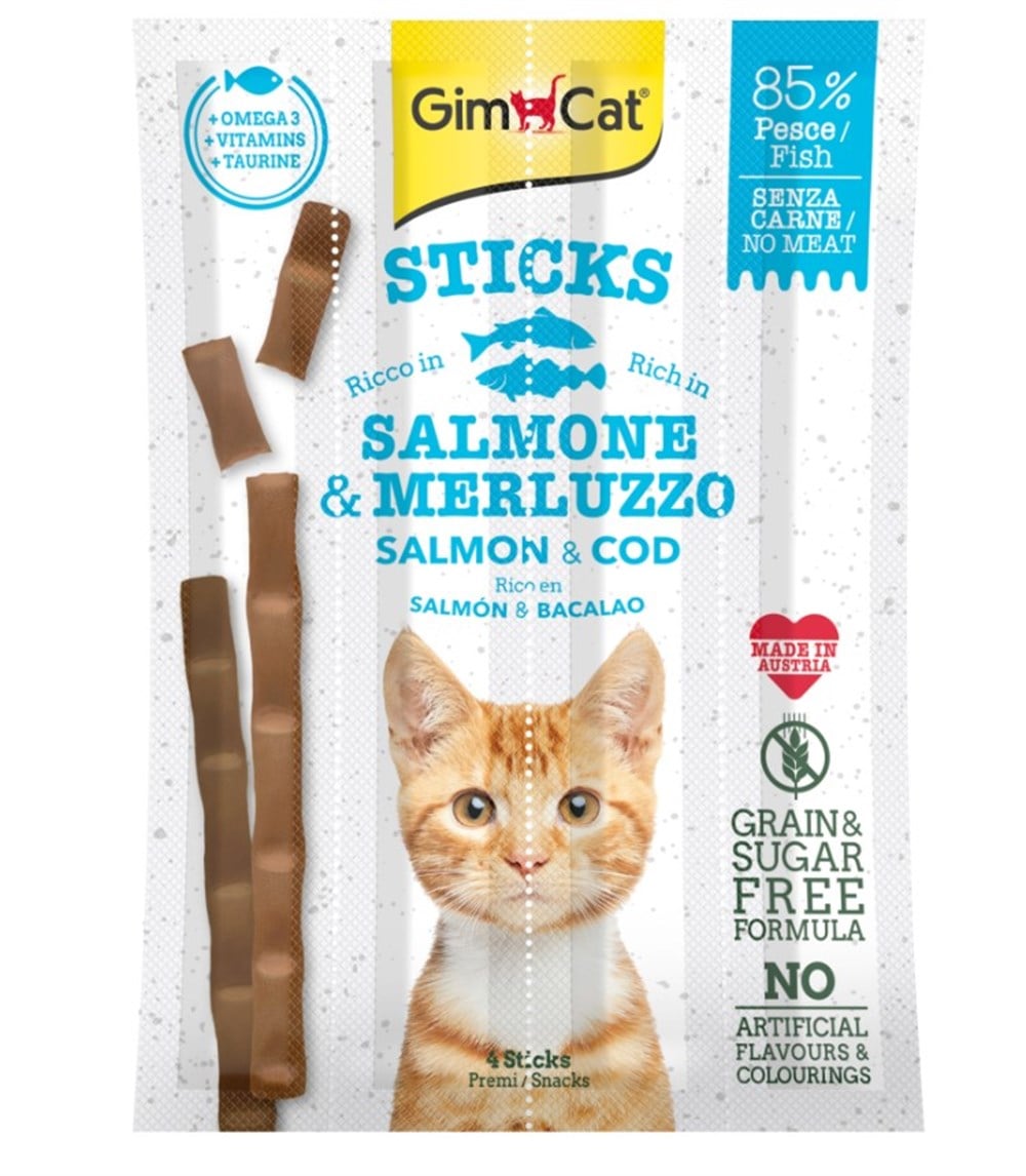 Gimcat Sticks Somonlu ve Morina Balıklı Tahılsız Kedi Ödül Çubukları 4'lü 20 Gr