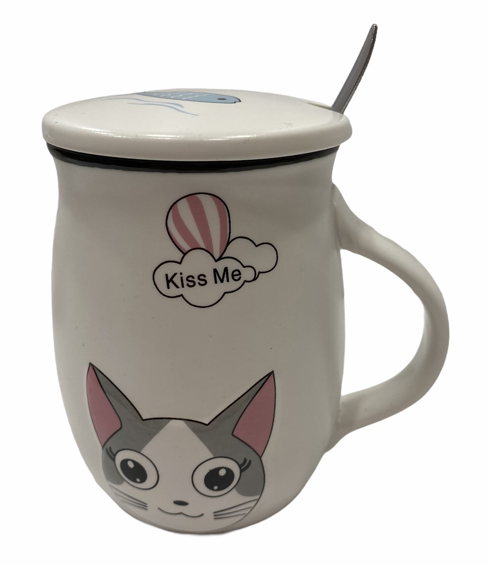 Kiss Me Gülen Kedicik - Kapaklı, Kaşıklı Seramik Kupa Bardak