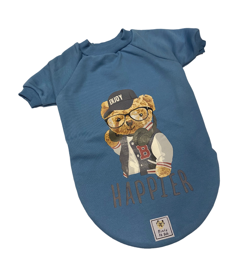Blue Happier Teddy Küçük Köpek Sweatshirtü (6,5 kg-12 kg arasına uygun)