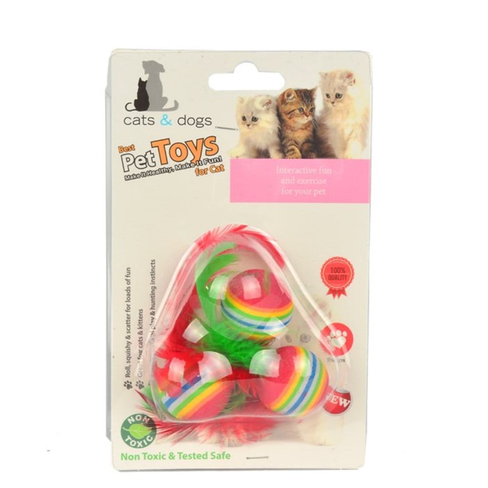 Pettoys Gökkuşağı Tüylü Sünger Top Kedi Oyuncağı 3 Adet