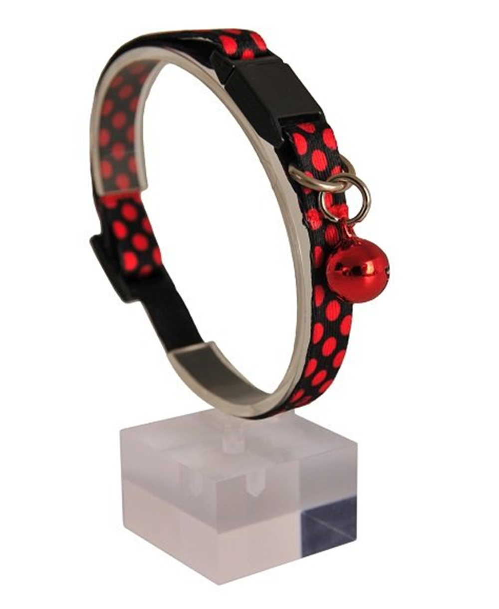 Güvenlik Kilitli Siyah Kırmızı Puantiyeli Zilli Kedi Boyun Tasması, 22-30 cm