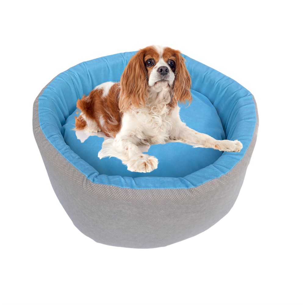 Premium Şönil-Süet Mavi-Bej Dev Yuvarlak Kedi ve Köpek Yatağı 60 cm