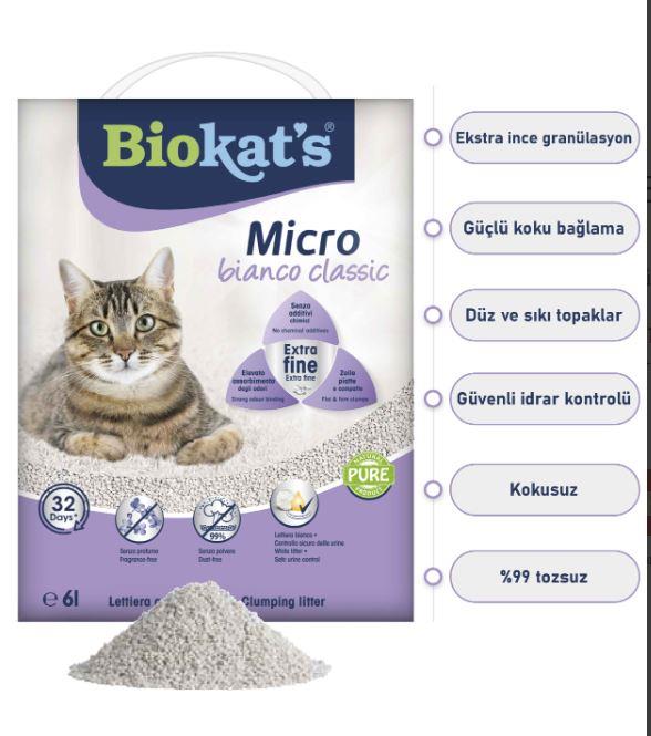 Biokat's Micro Bianco Classic Kokusuz, Topaklaşan İnce Taneli Kedi Kumu 6 lt
