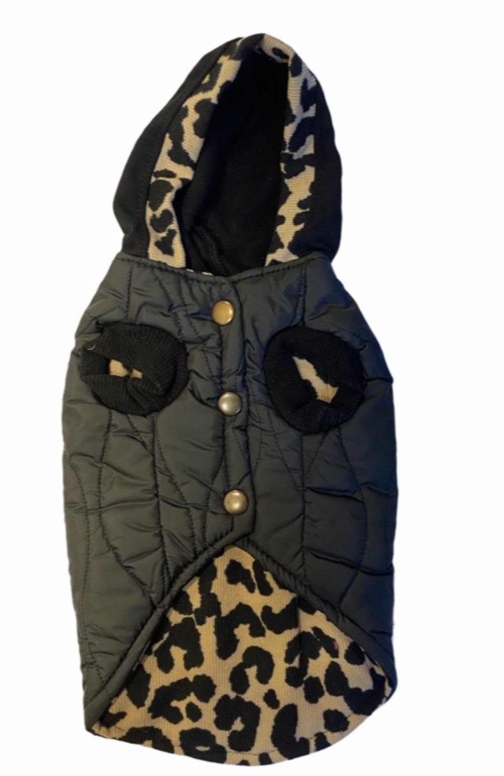 Siyah içi Leopar Desenli Kapüşonlu Yağmurluk Mont
