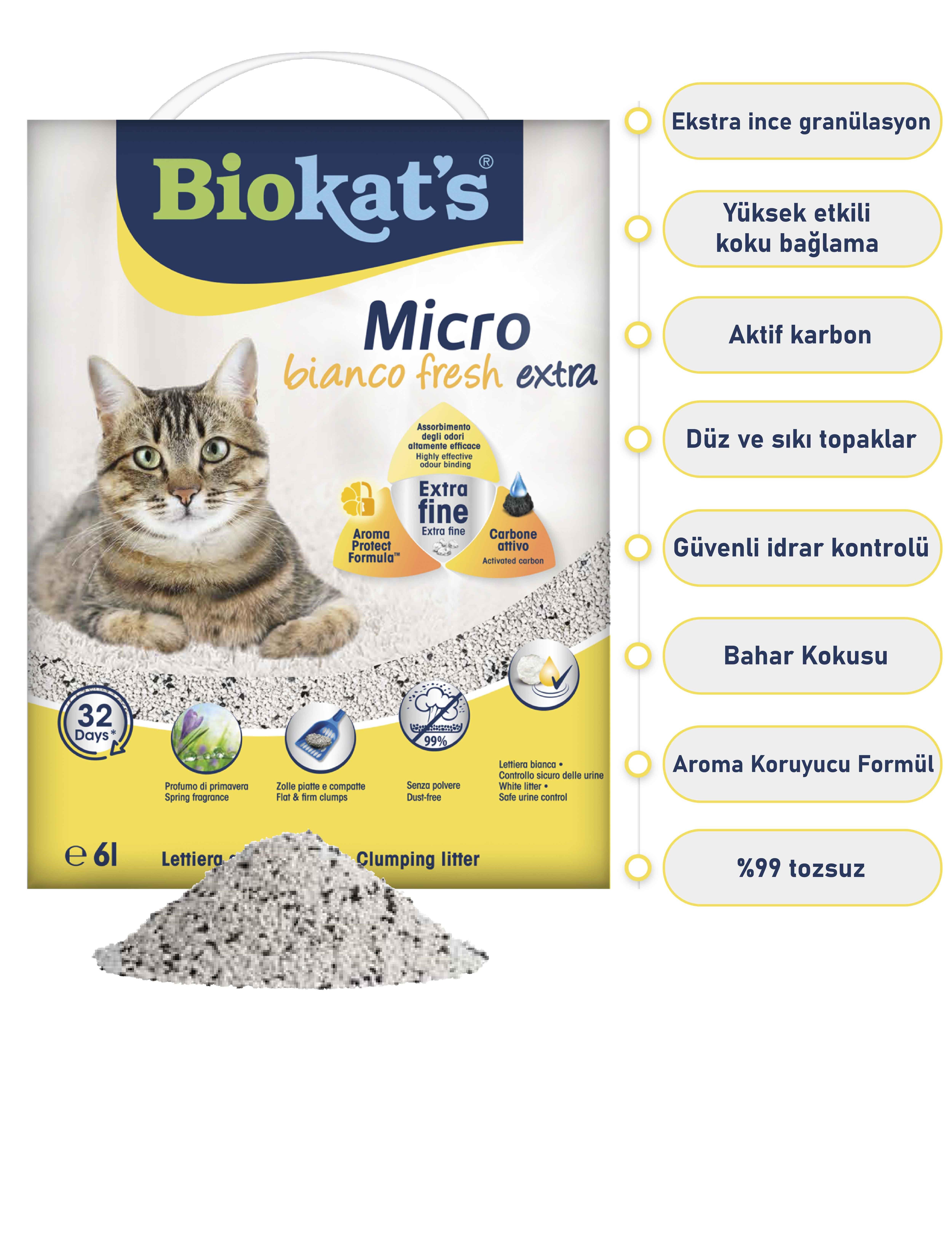 Biokat's Micro Bianco Fresh Extra Bahar Kokulu, Aktif Karbon Partiküllü Topaklaşan İnce Taneli Kedi Kumu 6 lt