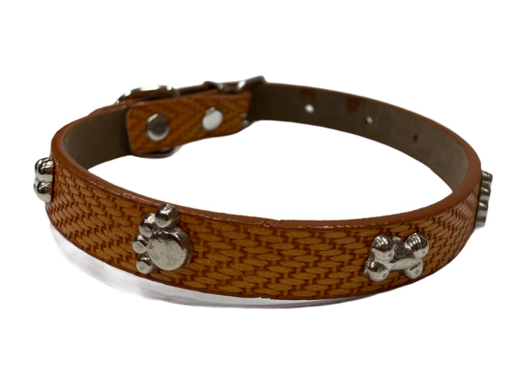 Pati ve Kemik Desenli Taba Deri Köpek Boyun Tasması