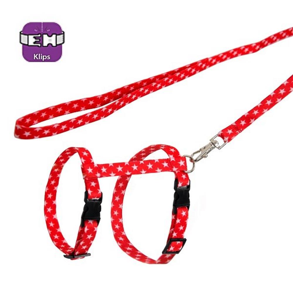 Kırmızı Beyaz Yıldızlı Ayarlanabilir Kedi Göğüs Tasma Seti 10 mm 110 cm