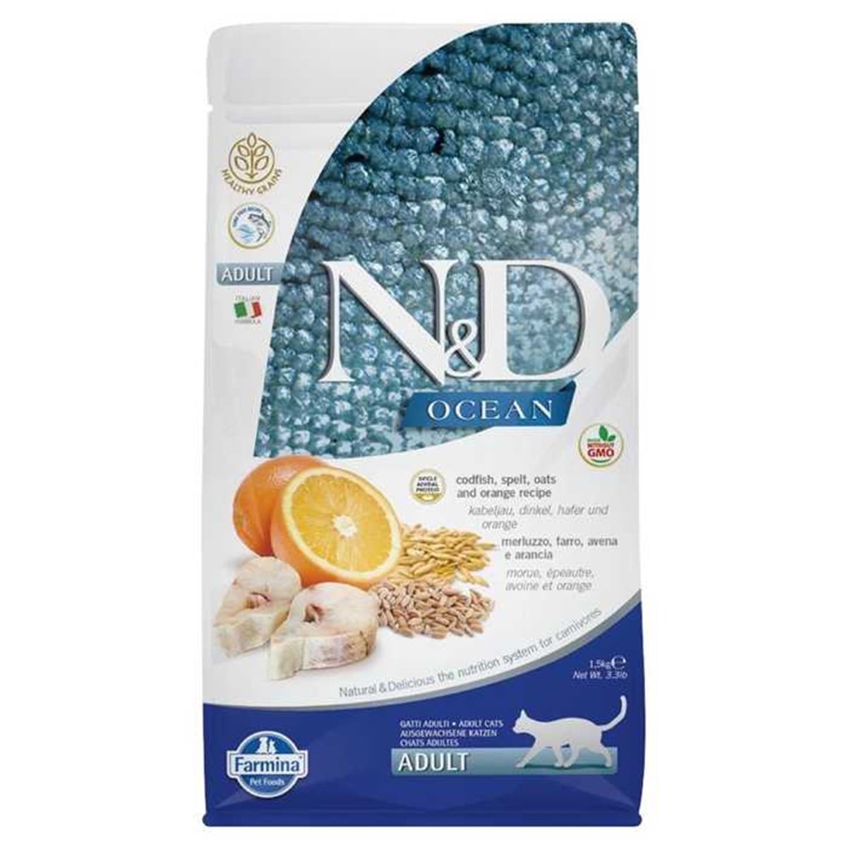 N&D Ocean 1,5 kg Düşük Tahıllı Morina Balıklı Portakallı Yetişkin Kedi Maması