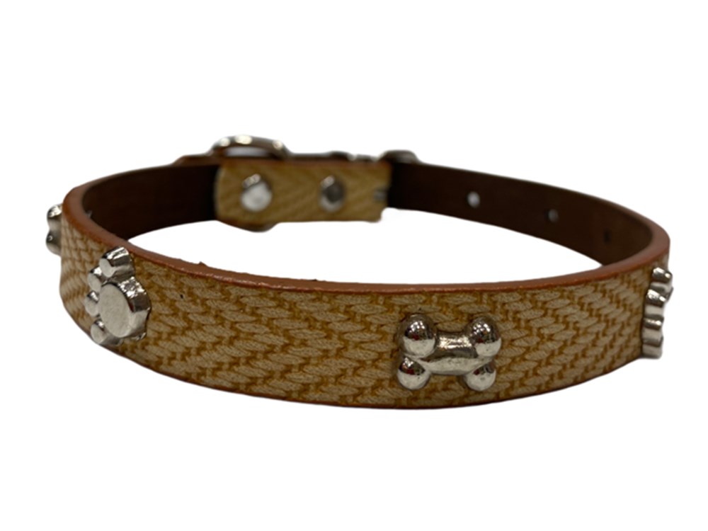 Pati ve Kemik Desenli Hardal Deri Köpek Boyun Tasması