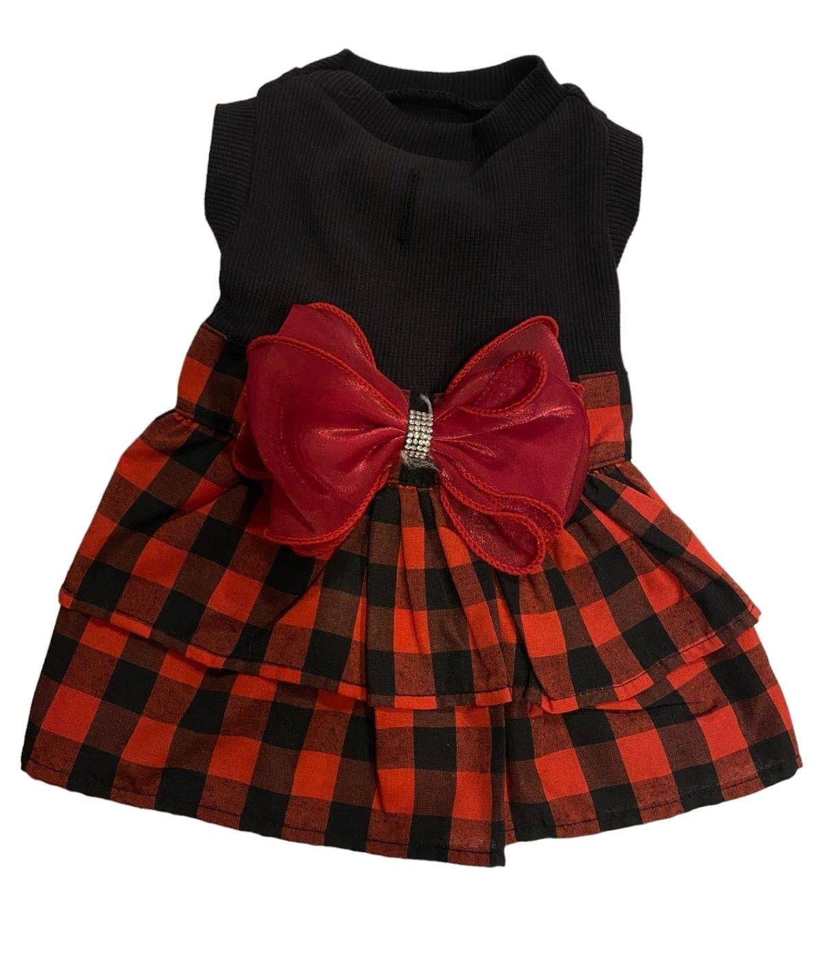 Kırmızı Kareli Siyah Küçük Irk Köpek Elbisesi (1 kg-10 kg arasına uygun)