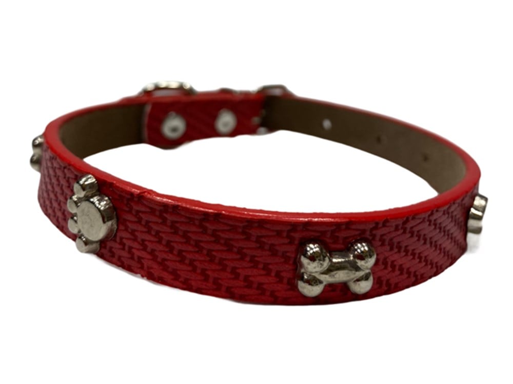 Pati ve Kemik Desenli Kırmızı Deri Köpek Boyun Tasması